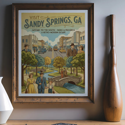 Vintage travel poster for Sandy Springs, GA, with people and cars.