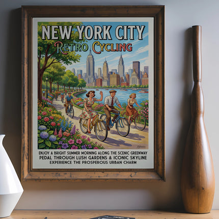 Retro New York City cycling poster with skyline and greenway text.