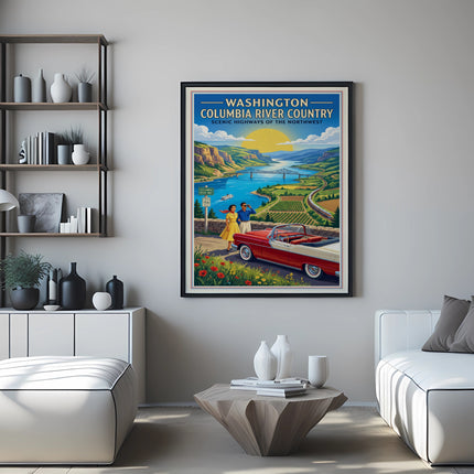 Vintage Washington Columbia River Country scenic highways poster with a convertible.