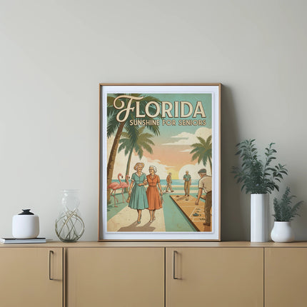 Framed "Florida Sunshine for Seniors" artwork depicting people playing shuffleboard.