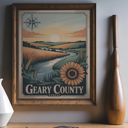 Geary County Kansas vintage travel poster with sunflower and wheat fields.