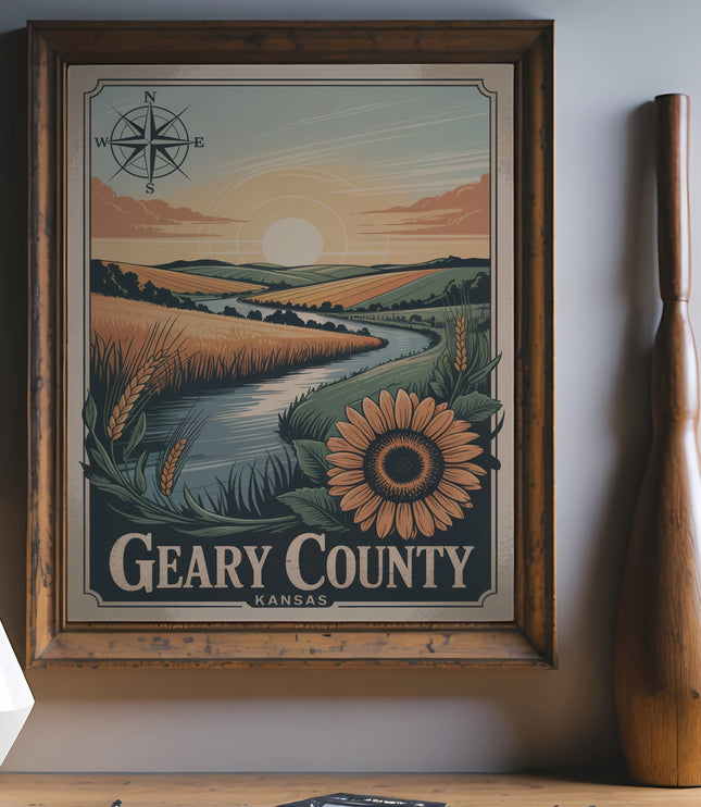 Geary County Kansas vintage travel poster with sunflower and wheat fields.