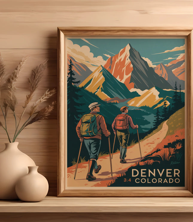 Framed illustration of hikers in Rocky Mountains with "Denver Colorado" text.