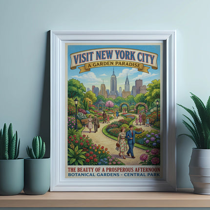 Vintage "Visit New York City A Garden Paradise" poster featuring Central Park.