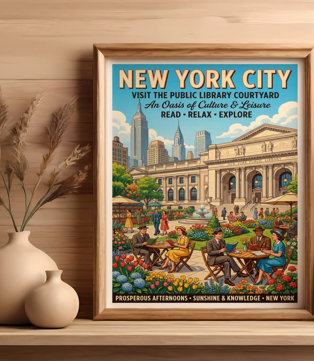 New York City Public Library courtyard poster with people reading and city skyline.