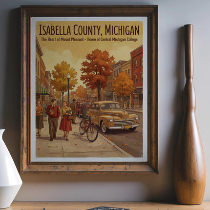 Isabella County, Michigan vintage poster with downtown scene and text.