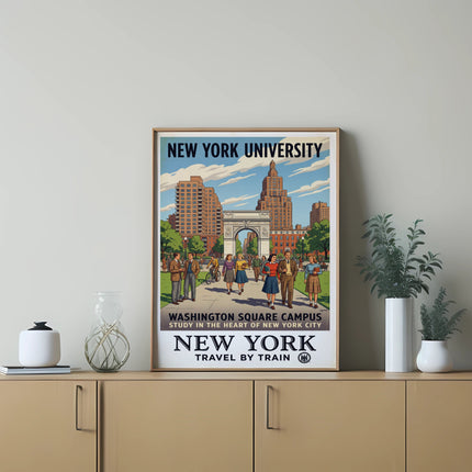 New York University poster with Washington Square campus, buildings, and people.