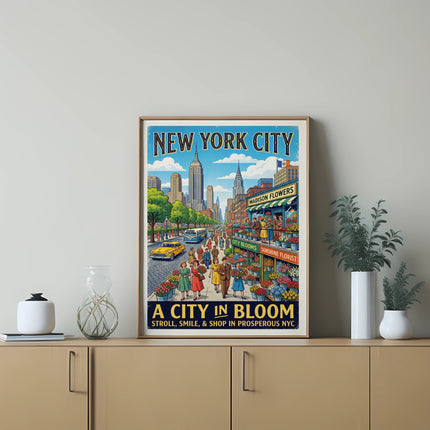 New York City poster with "A City in Bloom" and floral shop advertisements.