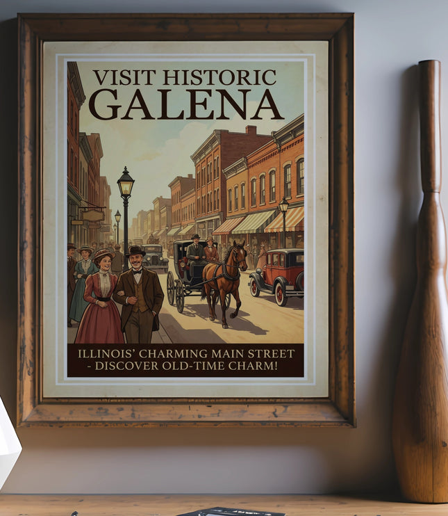 Framed poster of a vintage street scene in Galena, Illinois with text.