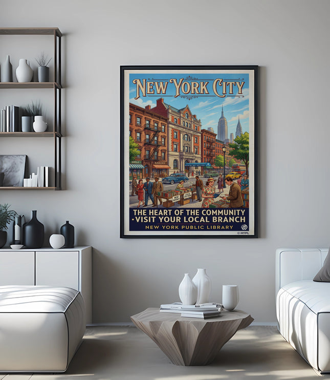 New York City poster featuring Rivington Street library branch, "The Heart of the Community."