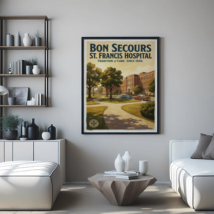 Vintage Bon Secours St. Francis Hospital poster featuring a building and cars.