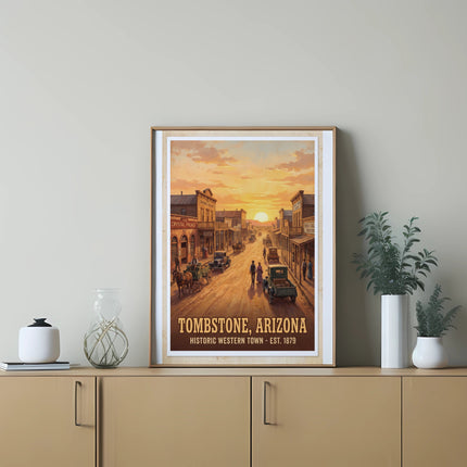 Tombstone, Arizona travel poster depicting a historic street scene with text.