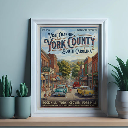 Vintage travel poster for York County, South Carolina, featuring a historic downtown street scene.