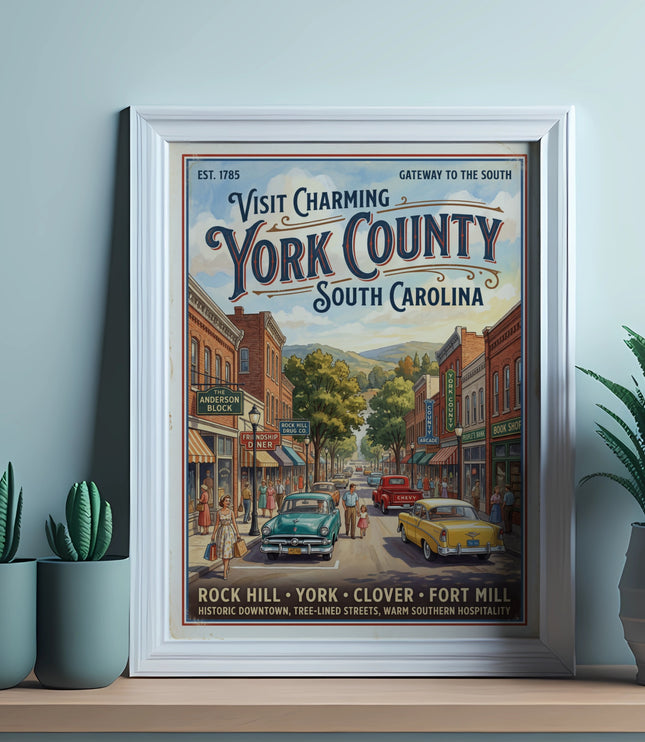 Vintage travel poster for York County, South Carolina, featuring a historic downtown street scene.
