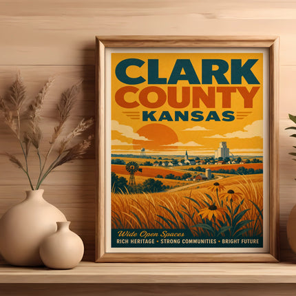 Clark County Kansas retro travel poster with fields, windmill, and text.