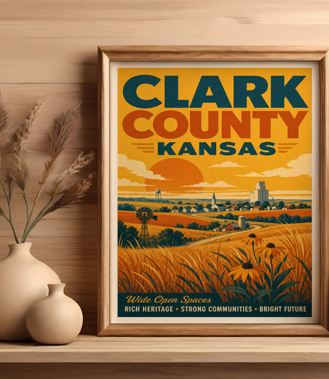 Clark County Kansas retro travel poster with fields, windmill, and text.