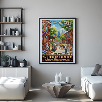 New York City Brooklyn poster with text about brownstone neighborhoods.
