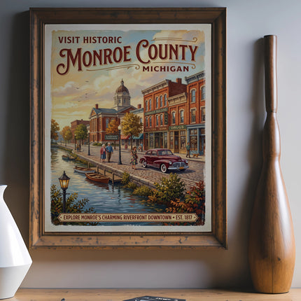 Vintage poster of Monroe County, Michigan riverfront downtown with buildings, cars, and boats.