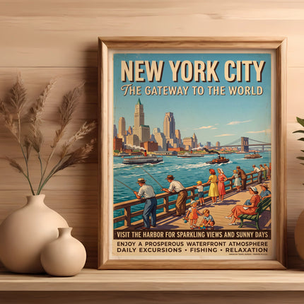 New York City vintage travel poster with harbor view and text.