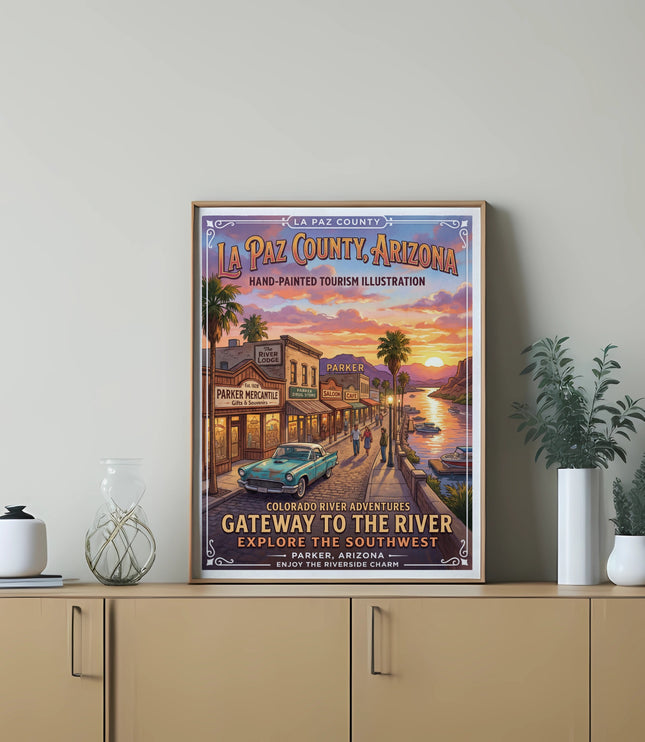 La Paz County Arizona tourism illustration featuring a vintage car and river sunset.