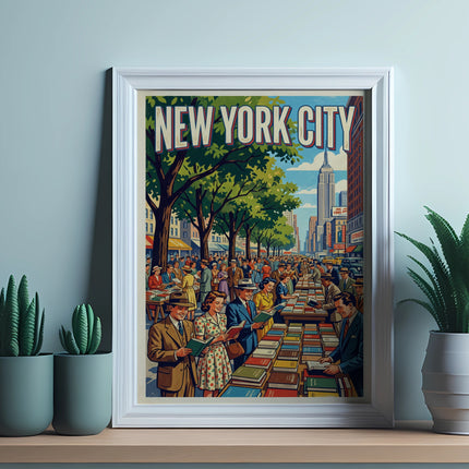 Framed poster depicting a bustling New York City street scene with a book sale.