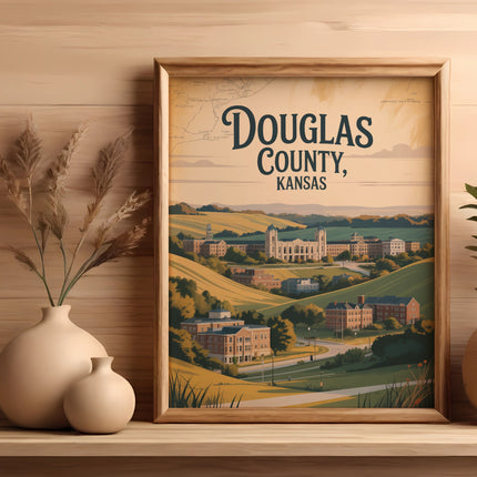 Framed artwork of Douglas County, Kansas, showing buildings and rolling hills.