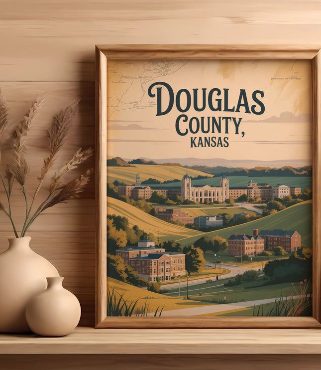 Framed artwork of Douglas County, Kansas, showing buildings and rolling hills.