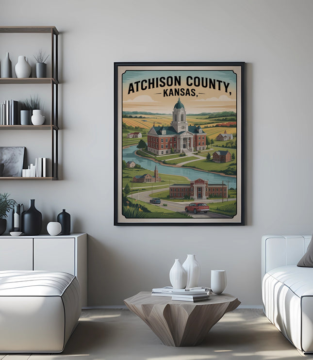 Framed artwork of Atchison County, Kansas courthouse and surrounding landscape.