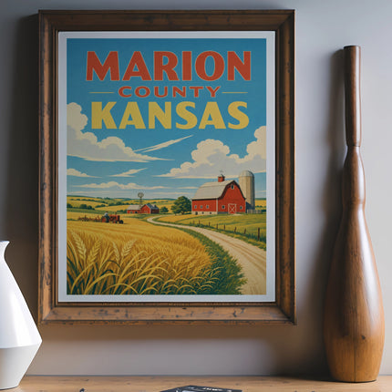 Retro poster featuring Marion County, Kansas, with a farm, barn, and wheat field.