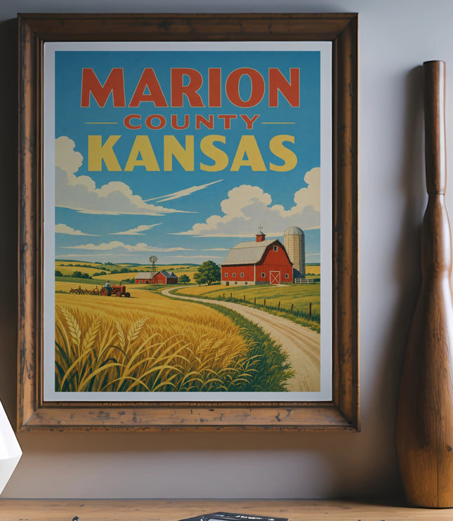 Retro poster featuring Marion County, Kansas, with a farm, barn, and wheat field.