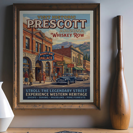 Vintage poster of Prescott Arizona Whiskey Row with old buildings and cars.