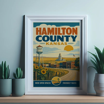 Hamilton County Kansas vintage travel poster with sunflowers and water tower.