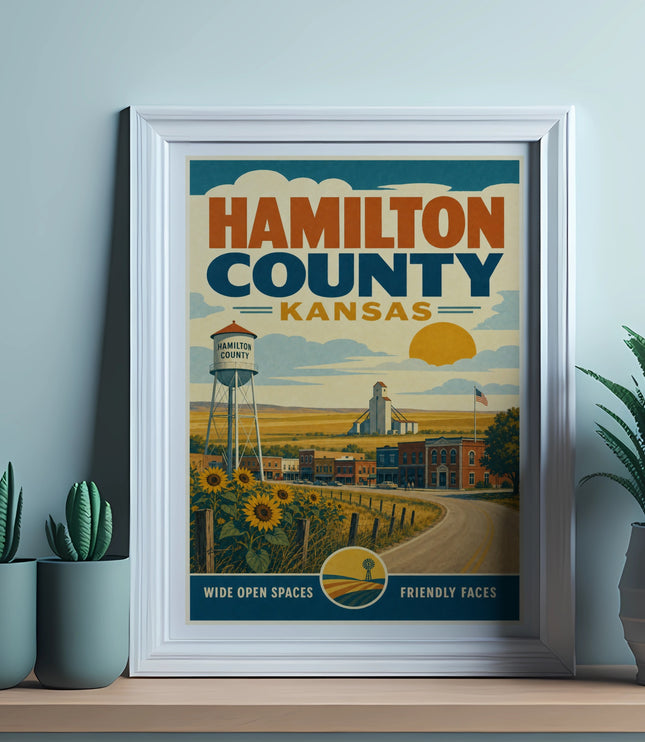 Hamilton County Kansas vintage travel poster with sunflowers and water tower.