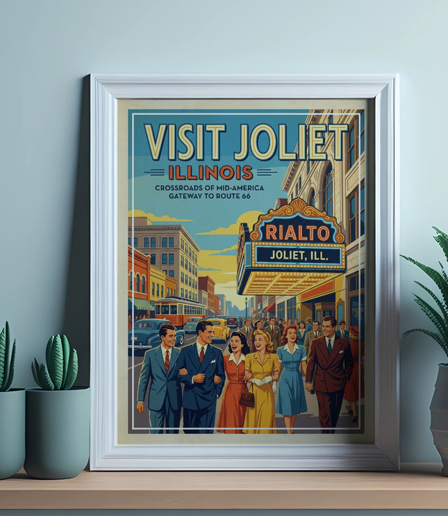 Vintage style "Visit Joliet, Illinois" poster with people, cars, and Rialto theater.