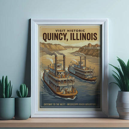 Vintage poster of two steamboats on the Mississippi River for Quincy, Illinois.