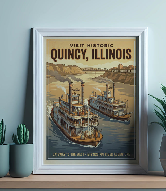 Vintage poster of two steamboats on the Mississippi River for Quincy, Illinois.