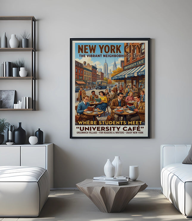 Vintage New York City poster for University Café, showing people at tables.