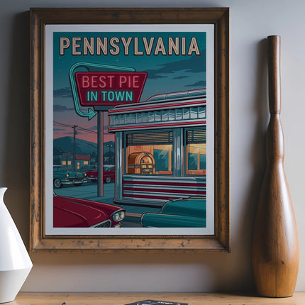 Retro Pennsylvania Best Pie in Town diner sign with vintage cars.