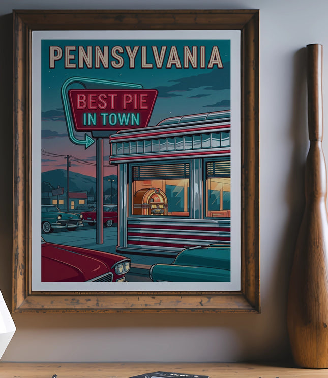 Retro Pennsylvania Best Pie in Town diner sign with vintage cars.