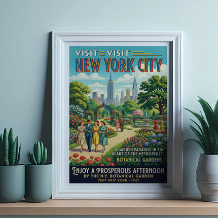 Vintage New York City Botanical Gardens poster with cityscape and people.