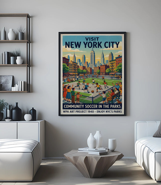 New York City poster featuring community soccer and skyscrapers.