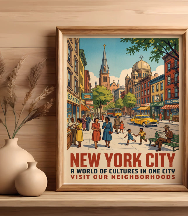 Vintage New York City poster showing diverse street scene with buildings and text.
