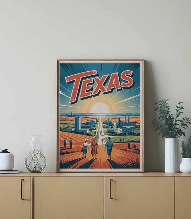 Vintage Texas poster featuring a sun setting over a town with people walking.