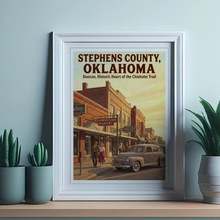 Vintage poster of Stephens County, Oklahoma, Duncan, Chisholm Trail, with a classic car.
