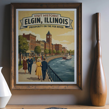Vintage travel poster of Elgin, Illinois, featuring a riverboat and historic buildings.