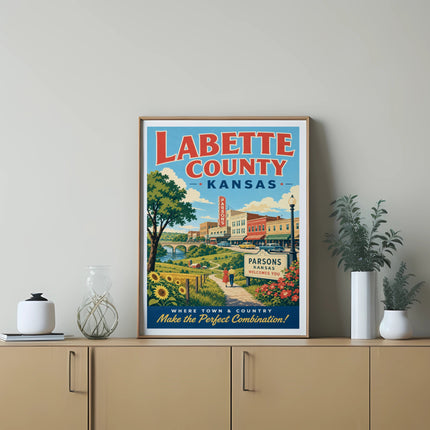 Labette County, Kansas, poster featuring Parsons welcoming visitors.