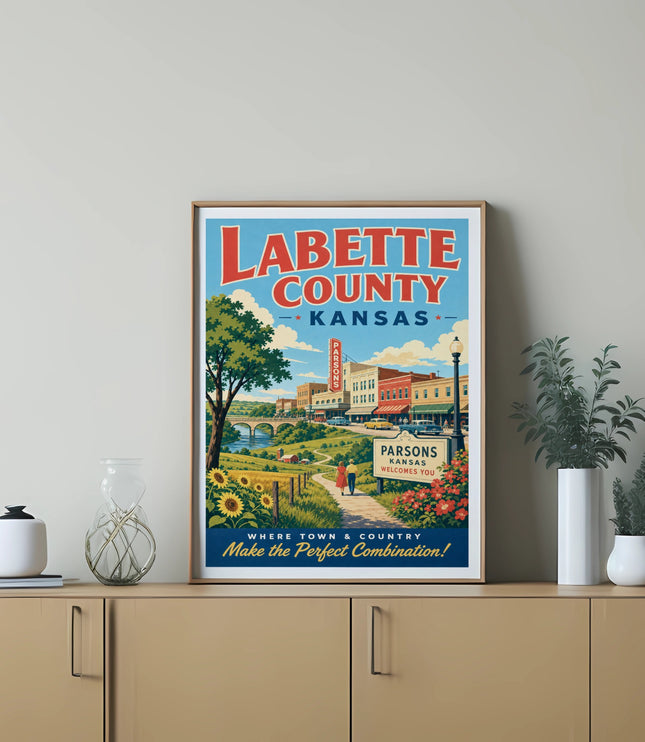 Labette County, Kansas, poster featuring Parsons welcoming visitors.