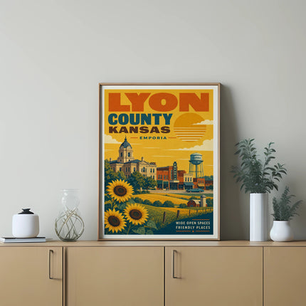 Retro poster featuring sunflowers, buildings, and text for Lyon County Emporia Kansas.
