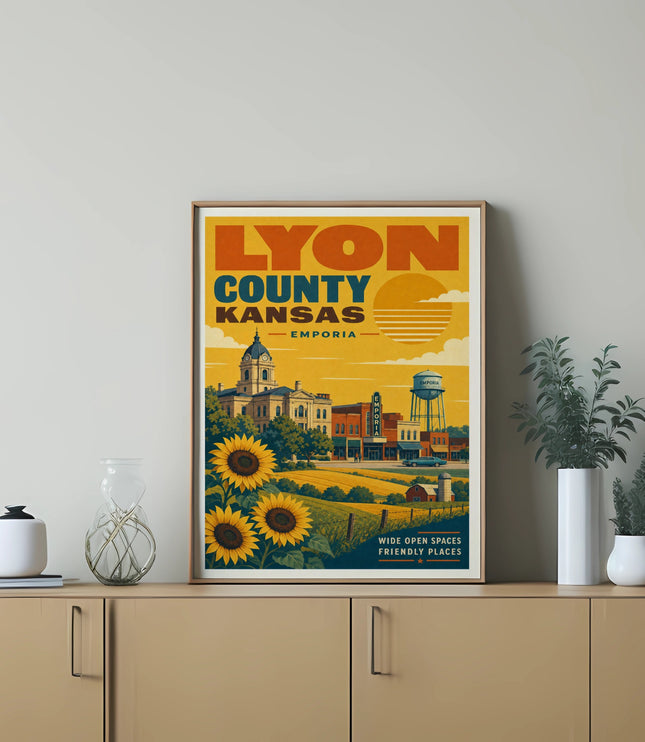 Retro poster featuring sunflowers, buildings, and text for Lyon County Emporia Kansas.