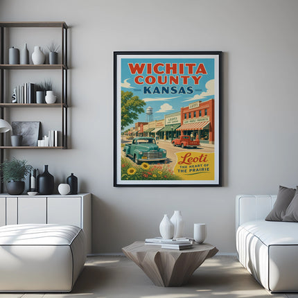 Vintage travel poster for Wichita County, Kansas, featuring Leoti and a classic car.